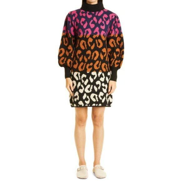 New! FARM Rio Mixed Leopard Print Long Sleeve Sweater Mini Dress Women's Size XL